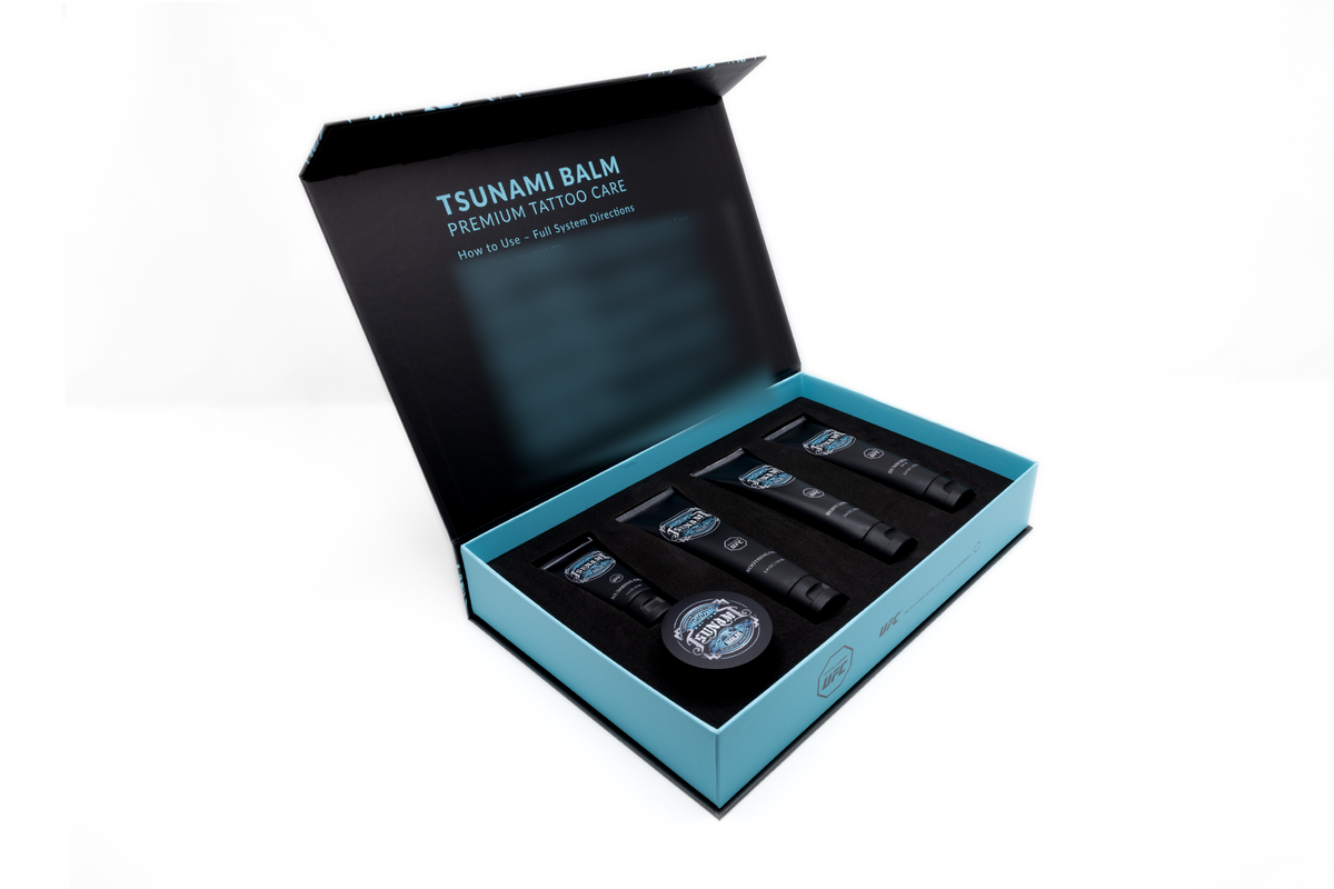 Tsunami Balm Tattoo Care Set open in its magnetic gift box