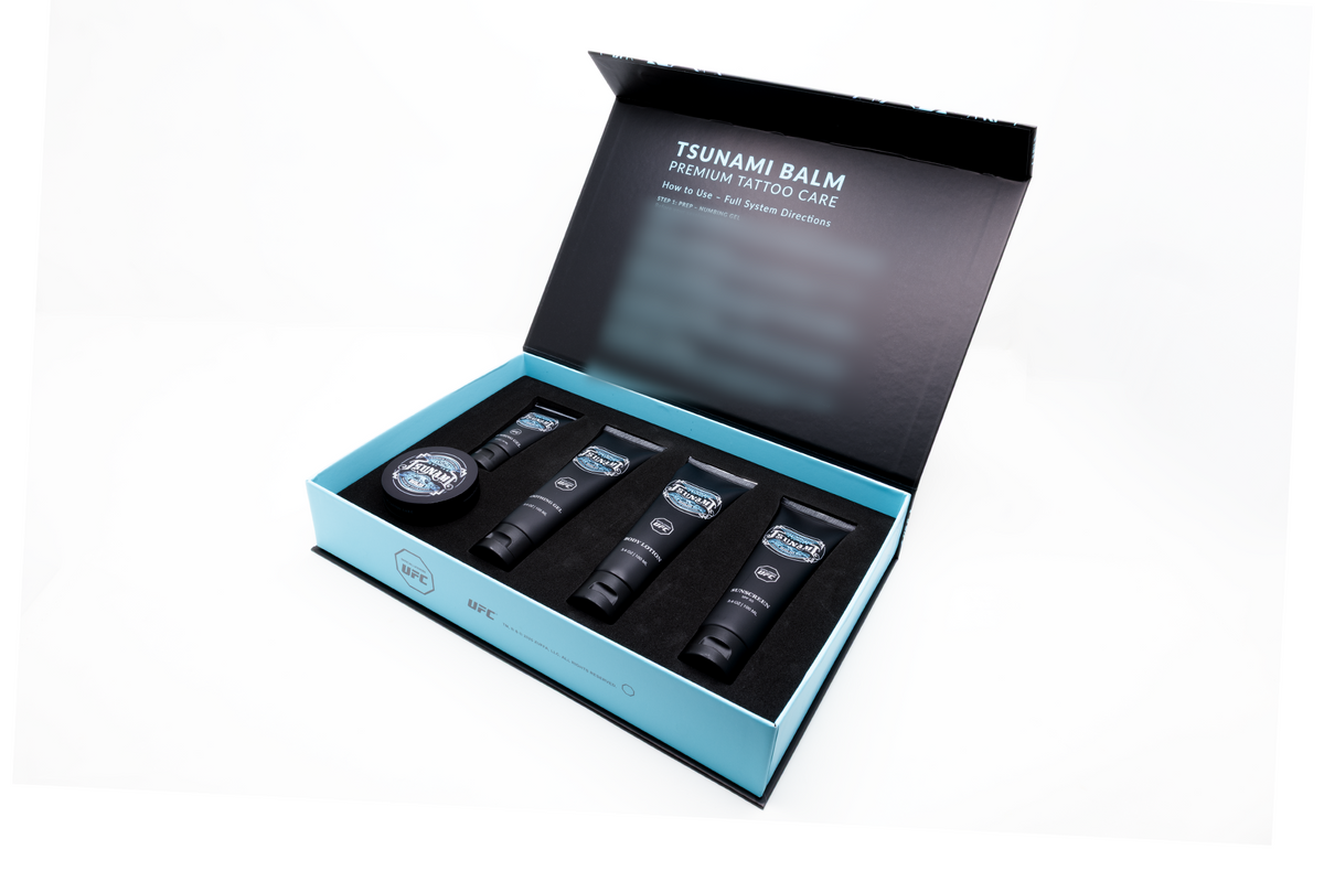 Tsunami Balm Tattoo Care Set gift box, open, side view