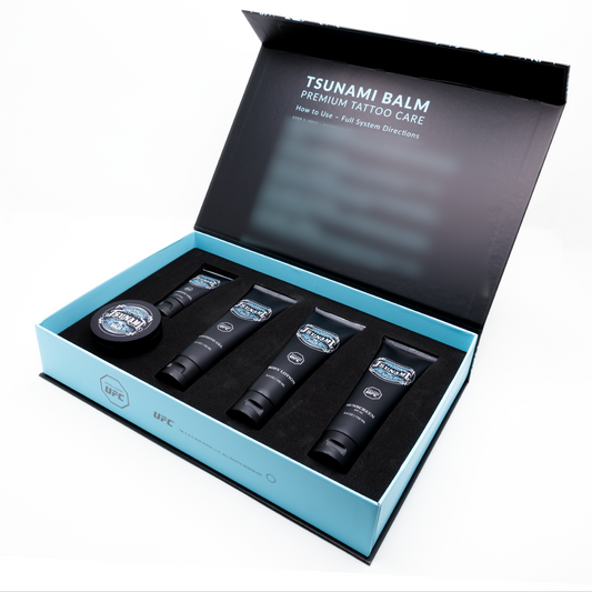 Tsunami Balm Tattoo Care Set, open gift box with all five products